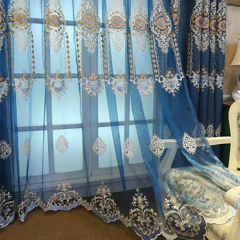Royal European chenille Window Drapes for Villas Blue Luxury Embroidery Blackout Curtains Living Room Bedroom X-M209#30 | Дом и сад