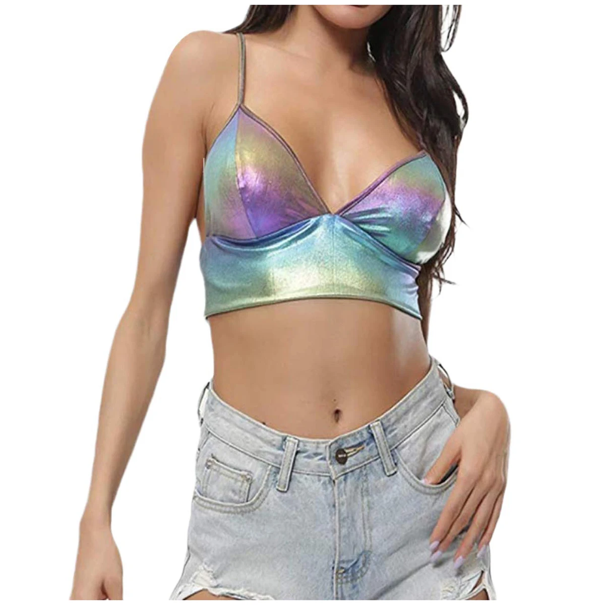 

Summer Women Sexy Slim-Fit Camisole Short Top Shirt Reflective Sling Deep V-Neck Colorful Crop Top