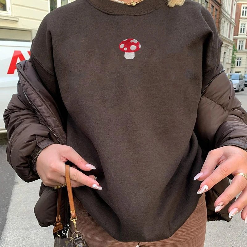 ZZSYKD Fashion Indie Aesthetic Sweatshirts 90s Y2K Streetwear Mushroom Graphic Embroidery Hoodies Long Sleeve O Neck Pullovers