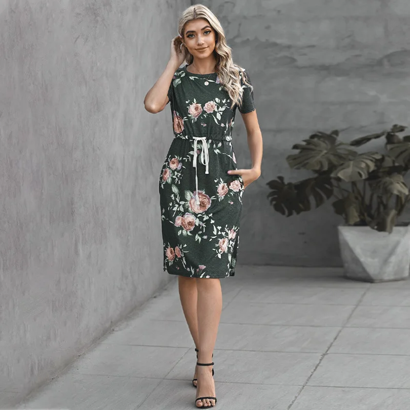 

European Style Summer Women Fashion Vintage Print A-line Office Lady Dress Casual High Waist Short Sleeve O-neck Party Dress