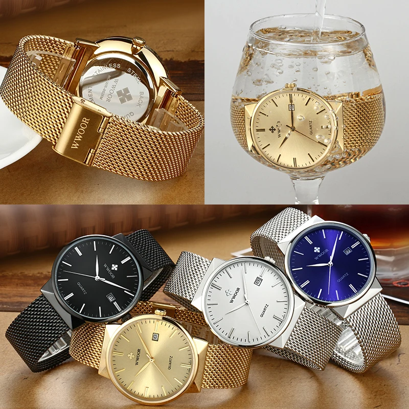 

Men Simple Slim Watches Luxury Brand Gold Steel Mesh Ultra Thin Waterproof Date Wrist Watch Men Golden Clock With Box Pack