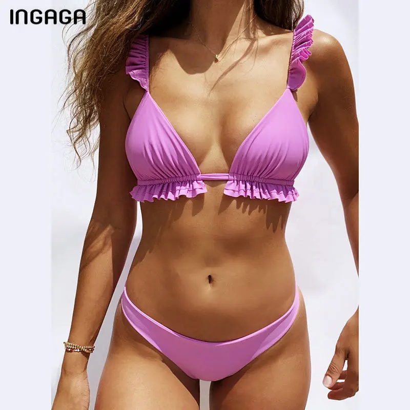 INGAGA рюшами бикини для женщин купальники 2021 сексуальные Для Одноцветный