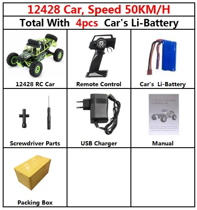 50kmH 12428 Car 4bty Новейший супер автомобиль, Модернизированный WLtoys 12428, скалолазание, 1:12, большой размер, Rc, высокая скорость вождения автомобиля, 4CH гоночный автомобиль, игрушки, грузовик, подарок - Цвет: 50kmH 12428 Car 4bty