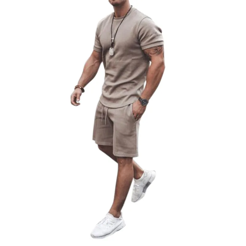 

Summer Solid Short Sleeve Casual Sport Suit 2021 New Fashion Two Piece T-shirt Shorts Tracksuit Men Set Fitness