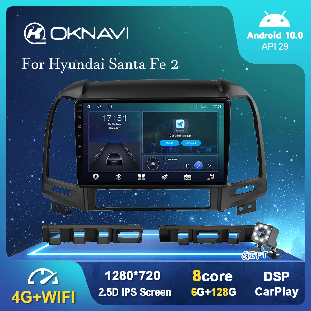 

OKNAVI Android 9.0 Car Radio For Hyundai Santa Fe 2 2006-2012 GPS Stereo Auto Player Carplay DSP OBD 6G 128G Video Out 9" No DVD