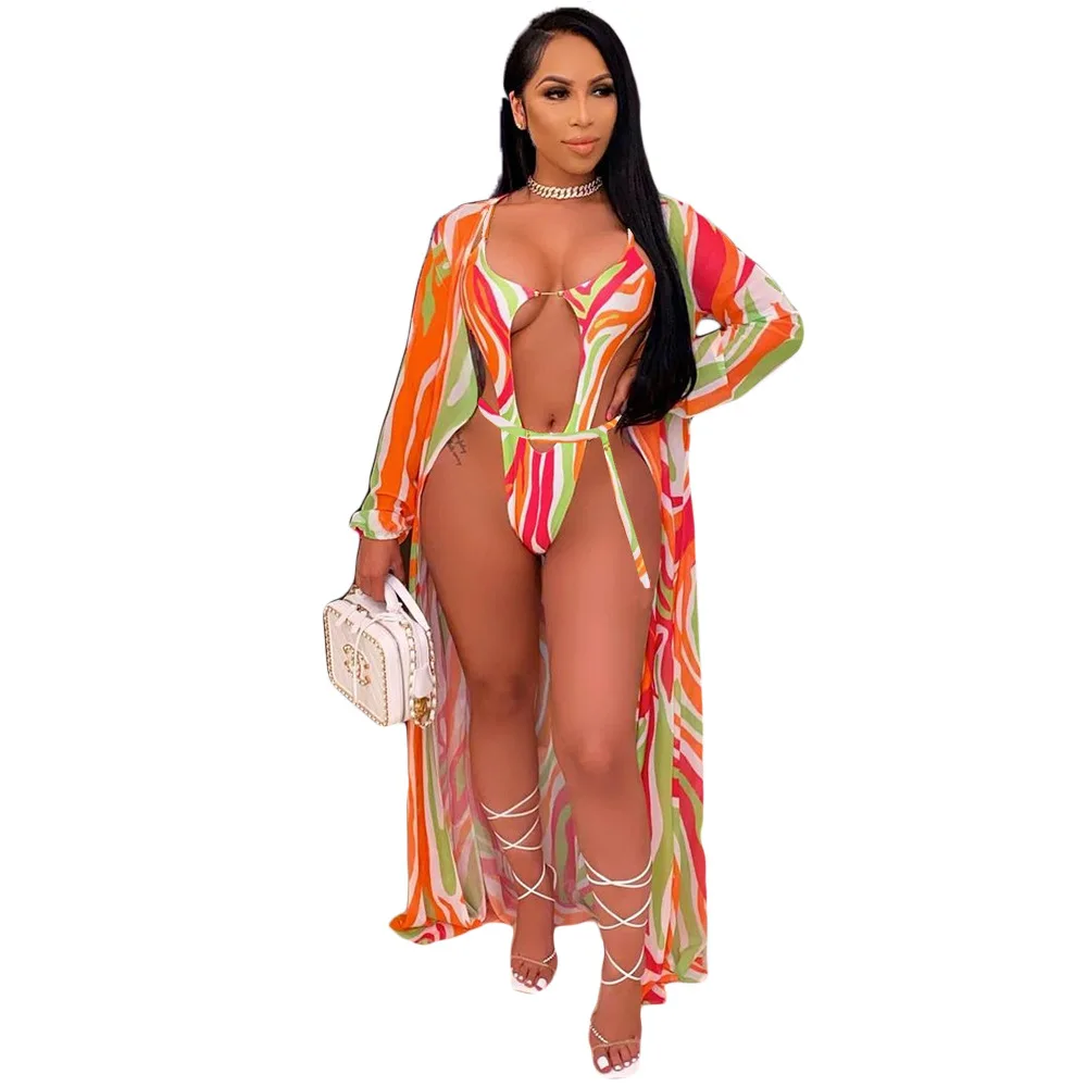 Oluolin Women 3 Piece Set Bikini Summer Hollow Out Strap Swimwear Bathing Suits and Long Chiffon Cover Up Outfit Beach Suit