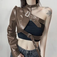 street cropped jacket tank tops women sexy pu leather one shoulder long sleeve coat short leaky belly button top metal buttons