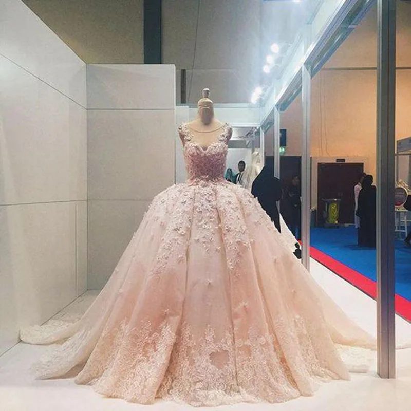 

Gorgeous Princess Blush Ball Gown Bridal Wedding Dresses Illusion Jewel Neckline Lace Applique Flowers Wedding Gowns for Bride