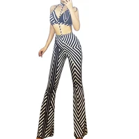 neck mounted flare pants bra two piece suit black and white stripes theatrical costume for women nightclub dance show wear