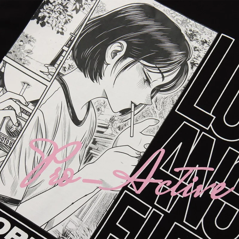 

JING ZHE Men's T-shirt Japanese Manga Smoking Girl Letter Printed Casual Tee Tops Summer Baggy Loose Fashion Harajuku Streetwear