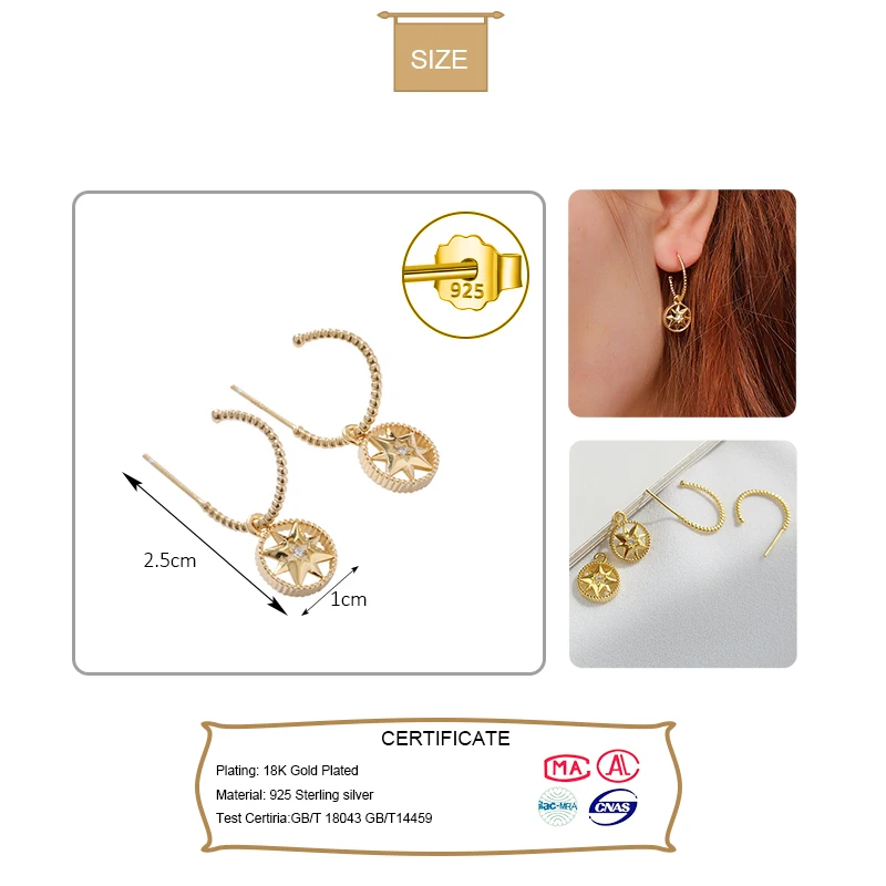 Золотые серьги кольца 100% Стерлинговое Серебро 925 пробы цельные со звездами для