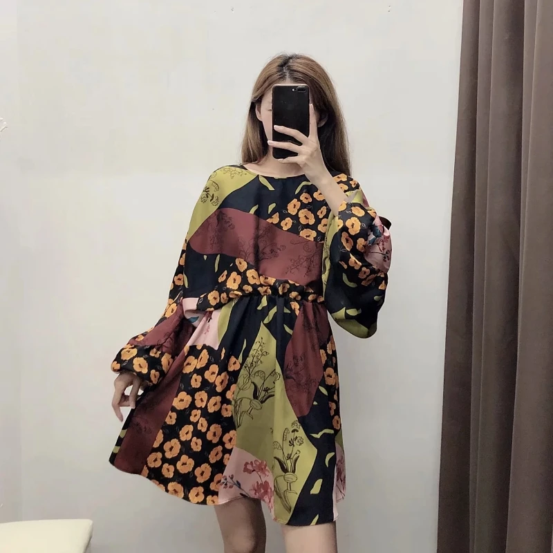 Женская старинная ткань лоскутное платье с цветочным принтом Vestido повседневное кимоно платье Дамское плиссированное платье с рукавом-фонариком платье с эластичным поясом DS2858