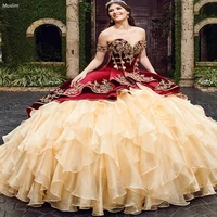 vintage burgundy and gold quinceanera dresses 2021 with gold appliques mexican sweet 15 party dresses organza ruffles prom gowns