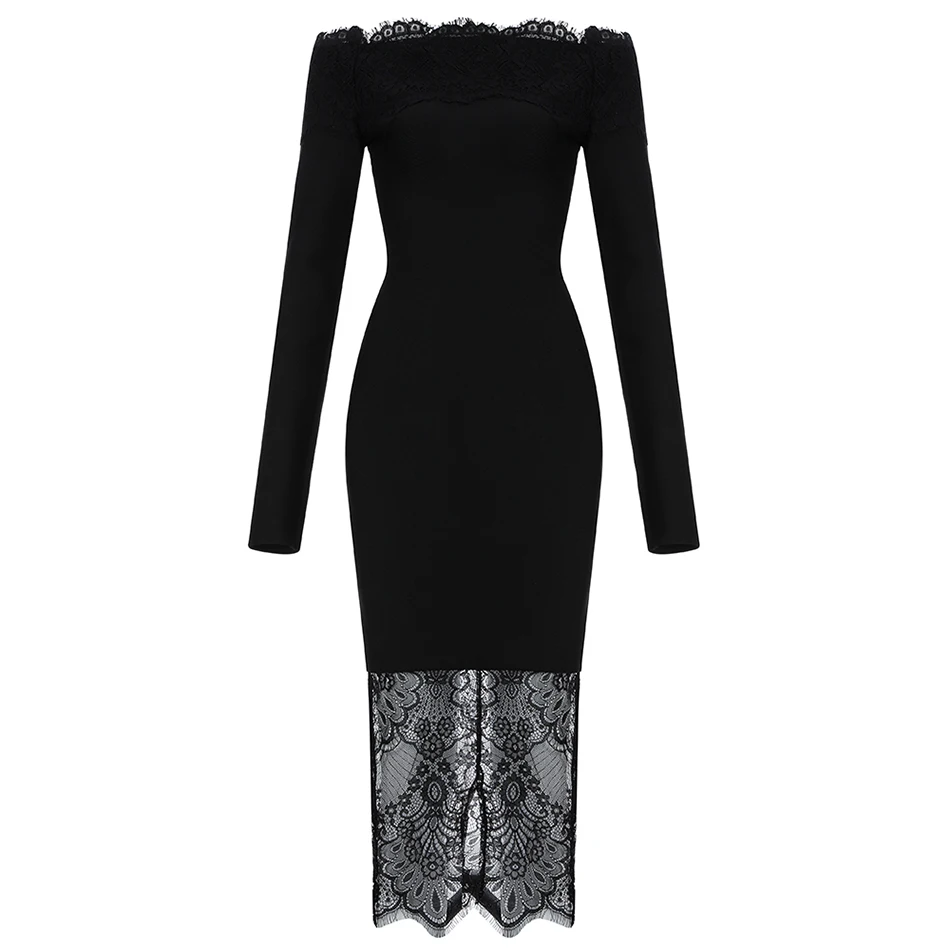 

2020 Summer New Women'S Chic Lace Patchwork Sexy Strapless Long Sleeve Bandage Dress Bodycon Celebrity Club Party Dress Vestidos