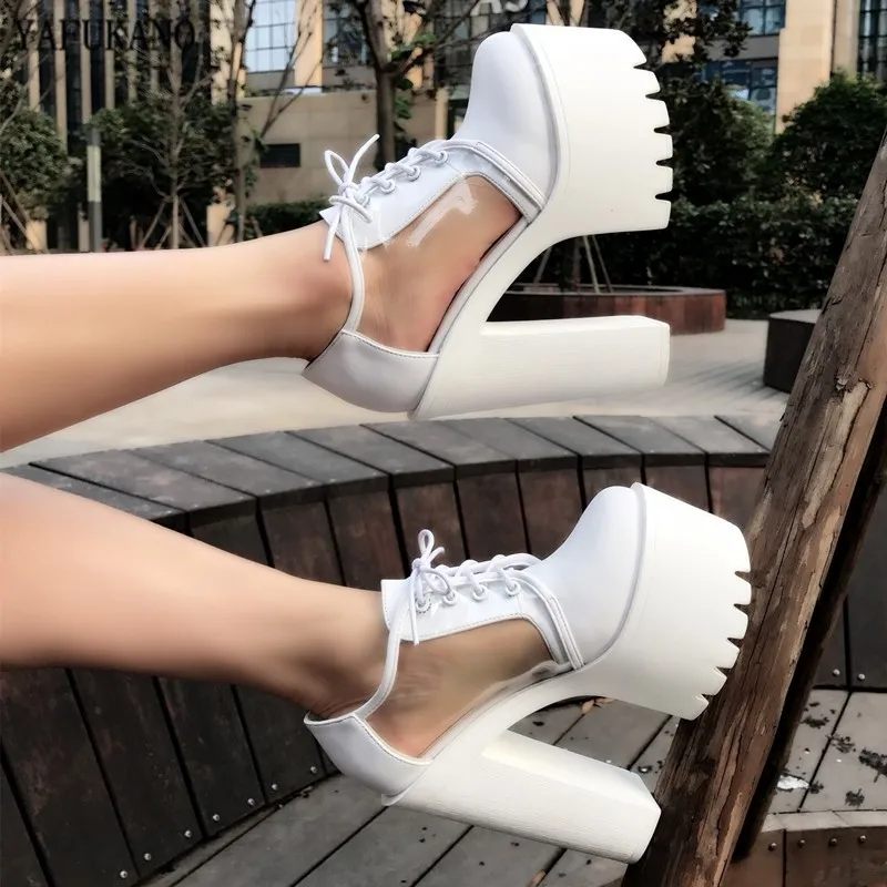 Пикантные прозрачные женские туфли лодочки на высоком квадратном каблуке 14 см