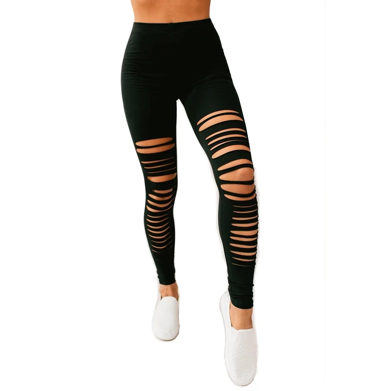 

Casual Women's Black Leggings High Waist Hollow Out Distressed Stretchy Pants Bottoms Female Sexy Skinny Solid Fitness Leggings
