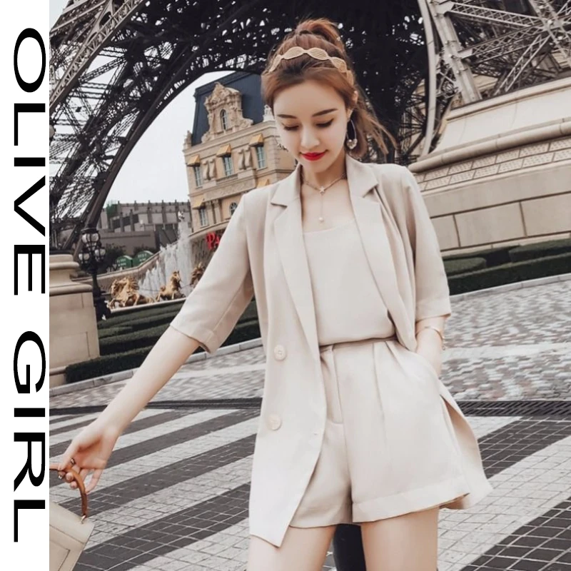 

Women 3 Pieces Female Shorts Set Short Sleeve Blazer & Loose Shorts & Shirts Summer Short Pant Suits for Female Tracksuit
