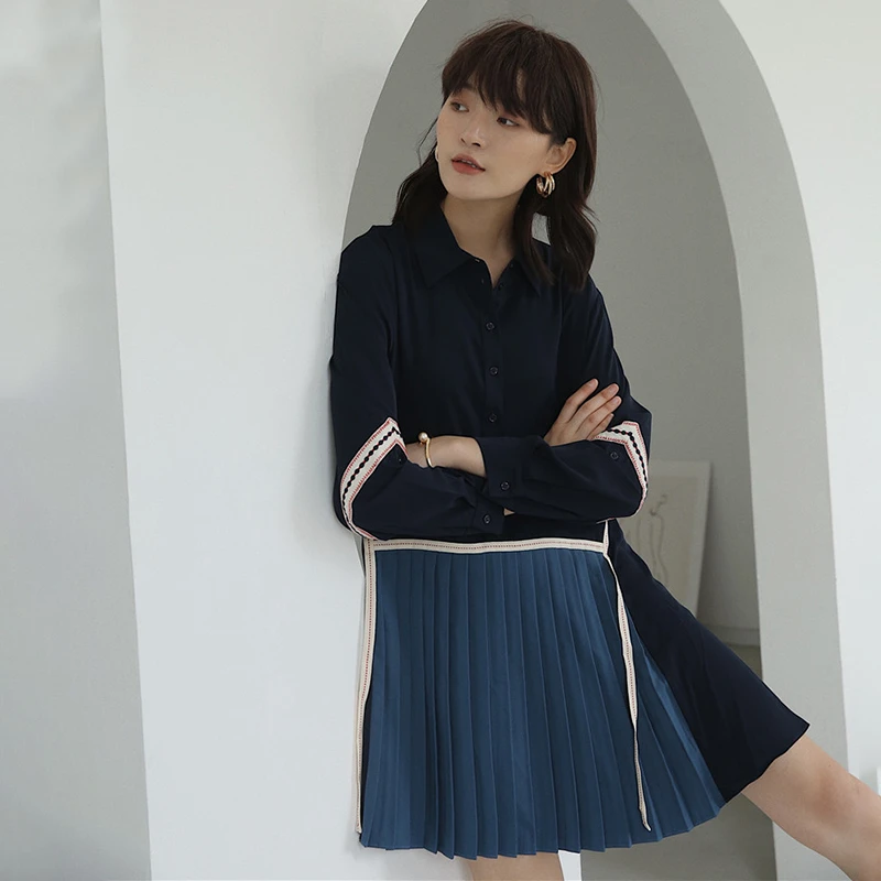 GALCAUR хит разноцветное платье для женщин воротник с лацканами длинный рукав