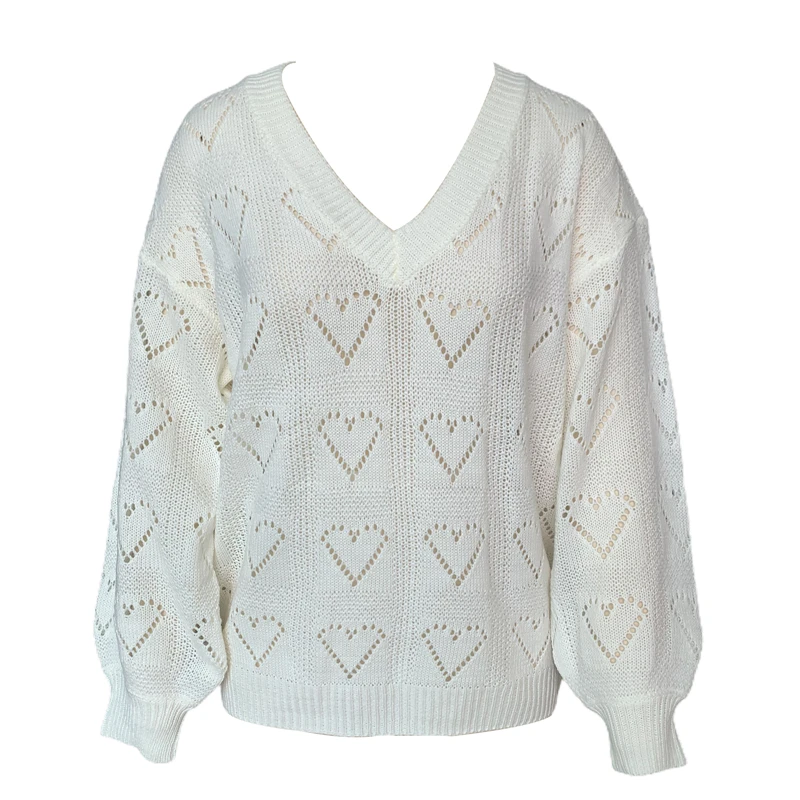 

New Fashion Hot Sale Women Casual Solid Color Sweater, V Neck Long Sleeve Hollow Out Heart Shape Ribbed Knitted Sweaters Outfits