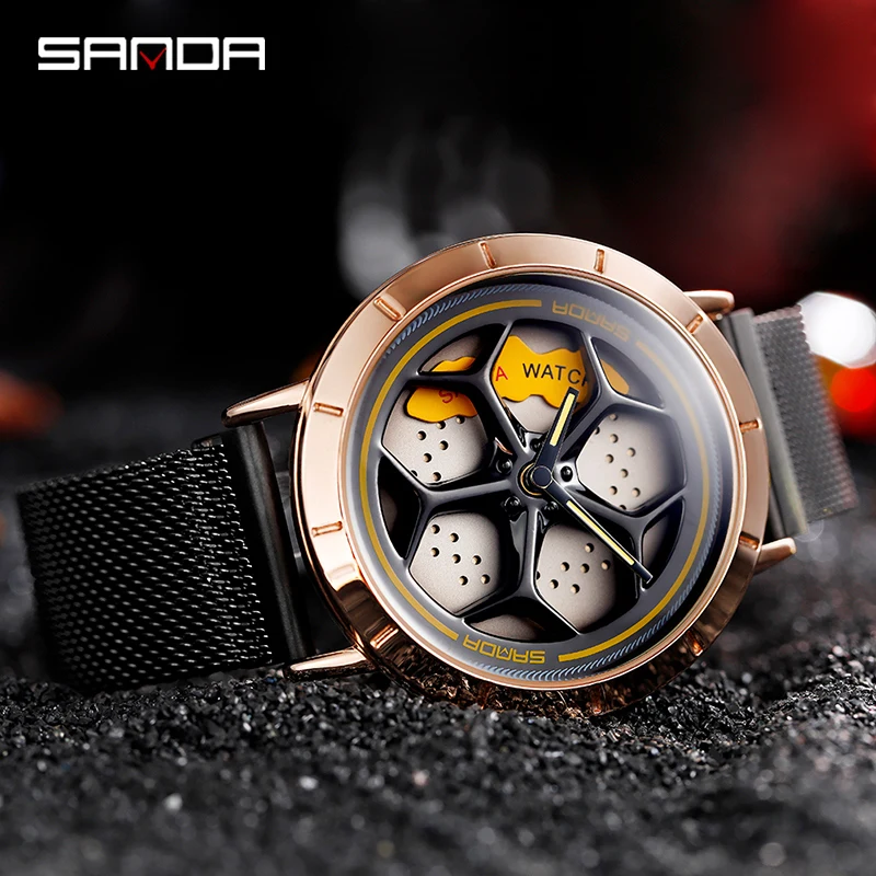 SANDA вращающийся циферблат водонепроницаемые прочные серебристые кварцевые часы