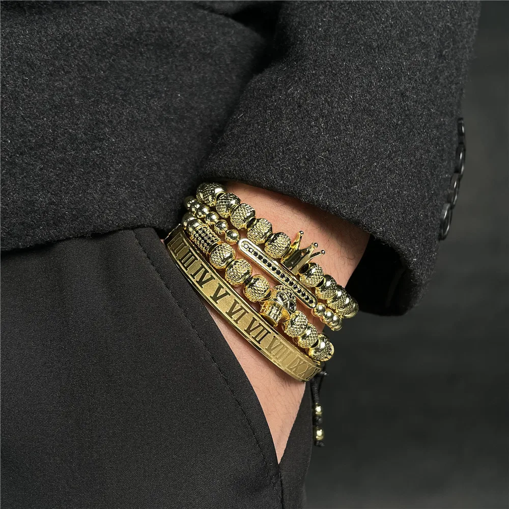 Punk 4pcs/set Classical Braiding Bracelet Set Gold Hip Hop Men Pave CZ Zircon Skull Roman Numeral Bracelet Bangle Luxury Jewelry