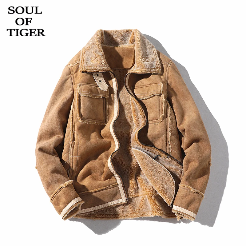 SOUL OF TIGER Европейская мода Роскошная панк Байкерская теплая одежда мужские негабаритные кожаные куртки винтажные зимние меховые замшевые пальто