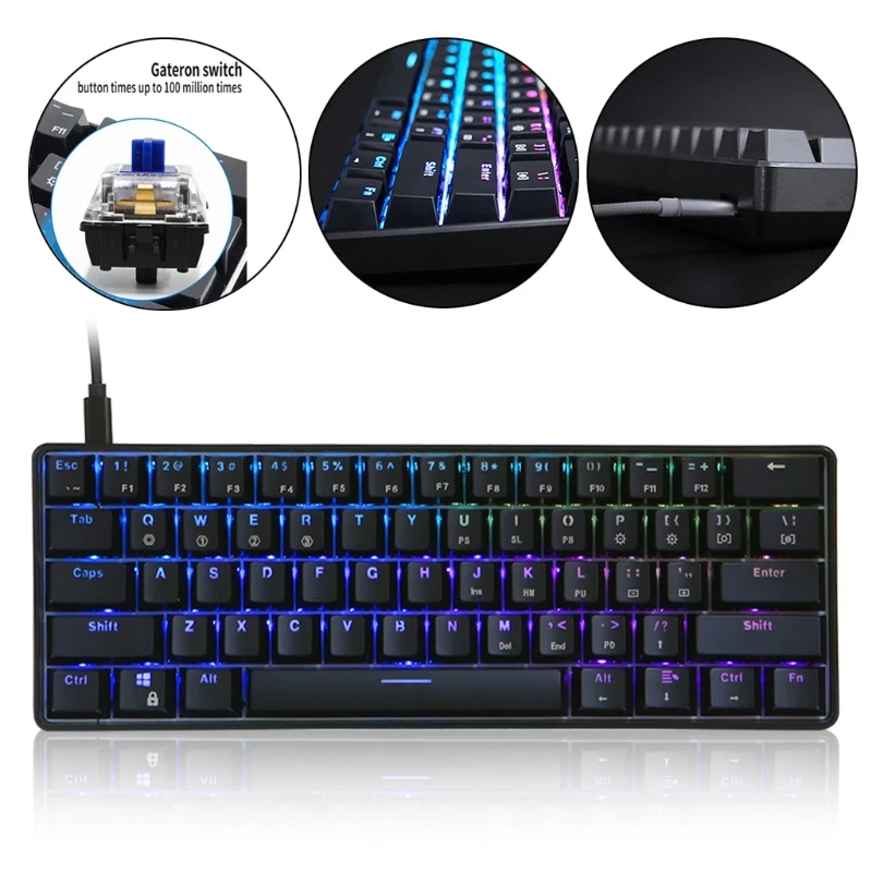 

Проводная Механическая клавиатура SK61 RGB со светодиодной подсветкой, портативная компактная Водонепроницаемая Проводная Мини-Клавиатура ...
