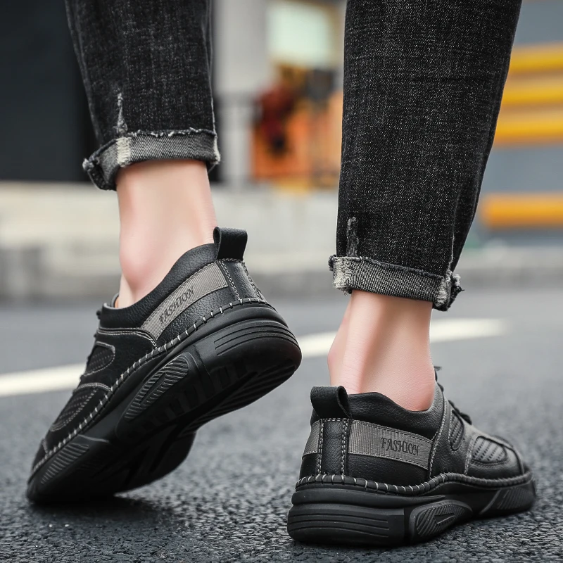 Туфли мужские дышащие кожаные сетчатые лоферы повседневная обувь для вождения