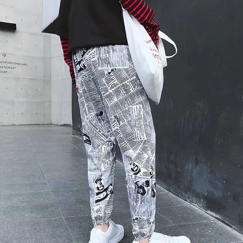 Женские строгие брюки с принтом газет в стиле хип-хоп эластичные женские высокой