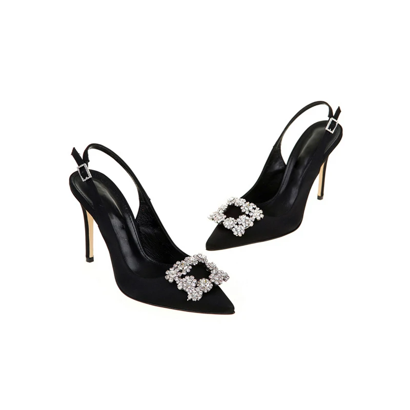 

2020 new net red rhinestone black French high-heeled shoes women's thin heels with sexy words after Baotou sandals female summer