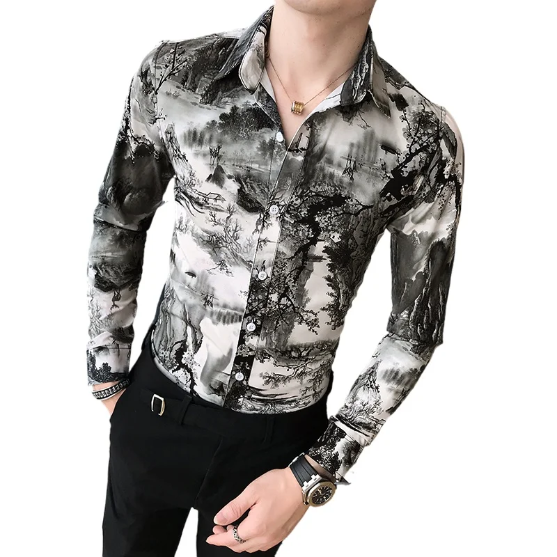 

Men's Long Sleeve Shirt 2021 Spring High Quality Korean Casual Printed Slim Nightclub/Banquet/Prom Dress Men's Clothing Shirt