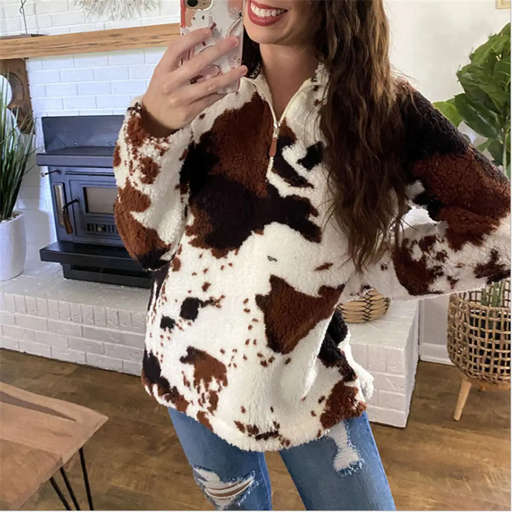 

Women Winter Sherpa Sweater Faux Mink Pullover Lady Cow Print Streetwear Jumper Zipper Fluffy Pull Teddy Sweaters