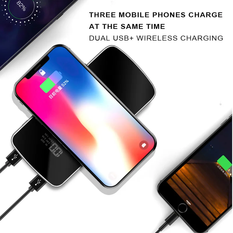 Беспроводное зарядное устройство QI, внешний аккумулятор 30000 мАч для iPhone samsung S9 S8 Xiaomi, двойное зарядное устройство USB, беспроводной внешний аккумулятор
