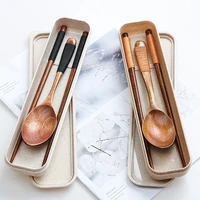 3pcsset portable wooden stainless steel lunch cutlery outdoor travel chopsticks spoon tableware