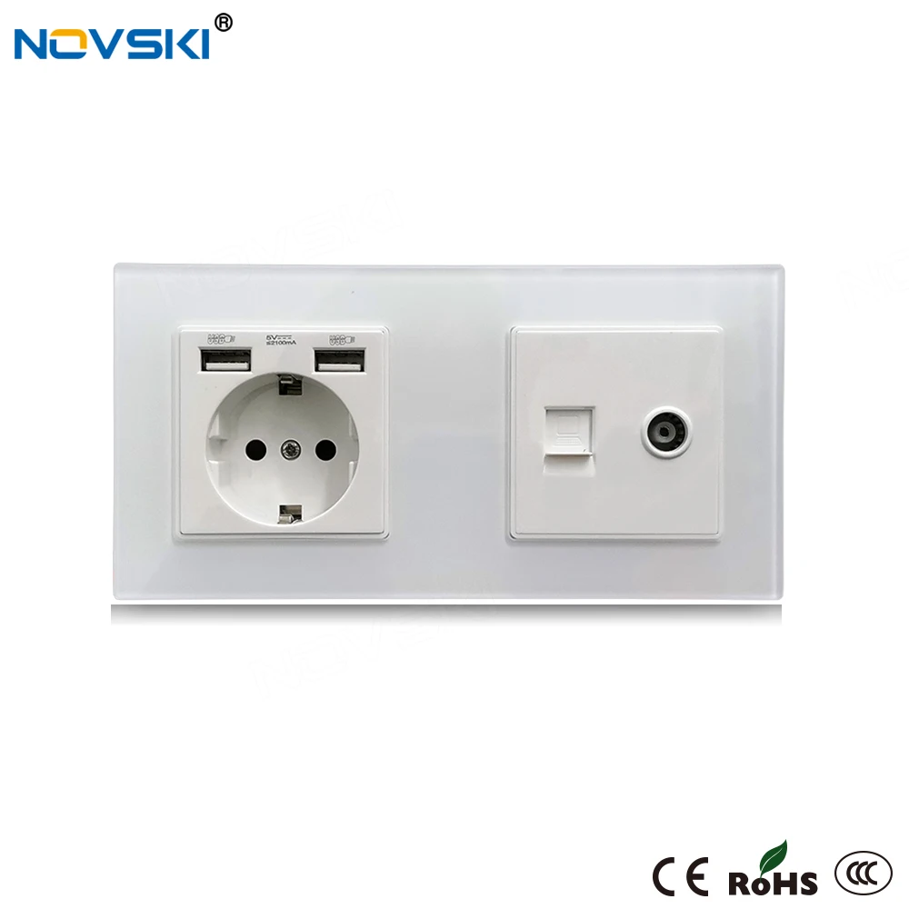 NOVSKI EU розетка USB 2.1A Cat6 10Gb COM | CATV разъем для передачи данных стеклянная панель
