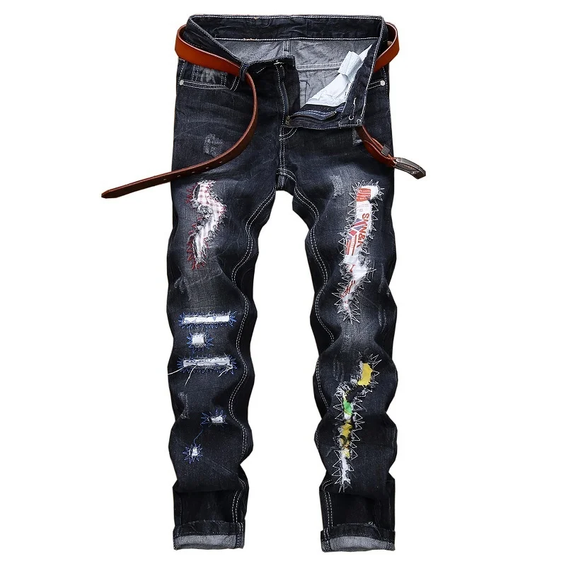 

Street Arrival Men Ripped Straight Beggar Patch Dark Blue Mens Jeans Plus Size 42
