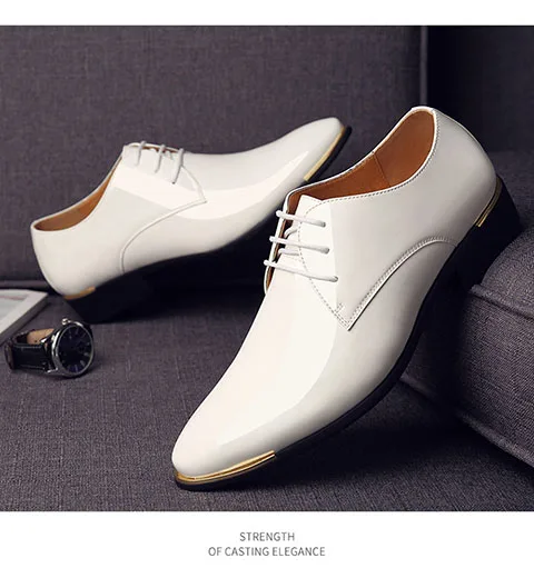 Newly Men's Quality Patent Leather Shoes White Wedding Shoes Size 38-48 Black Leather Soft Man Dress Shoes