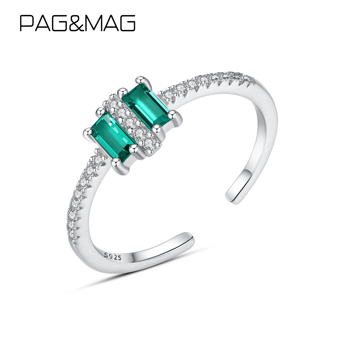 

PAG&MAG New Rectangle Emerald Finger Ring Sterling Silver 925 Adjustable Ring For Women Charm Wedding Band Promise Jewelry SR031