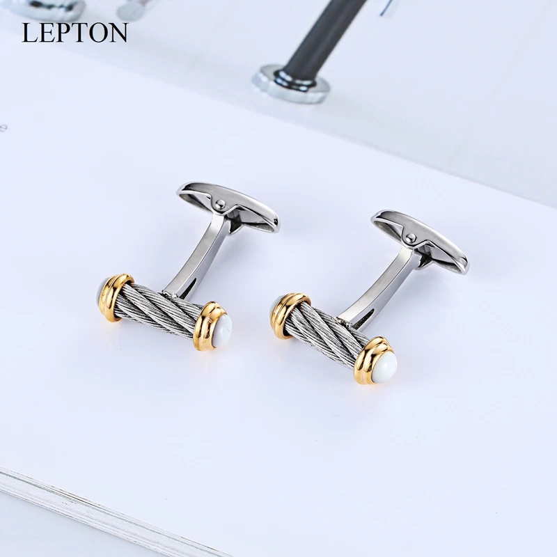 LEPTON Stainless Steel Cable Design Cufflinks Silver & 18K Gold Color Shell Cufflink for Men Gifts Wedding Business Cuff Links |