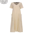 Женское длинное платье-макси из хлопка и льна, с V-образным вырезом