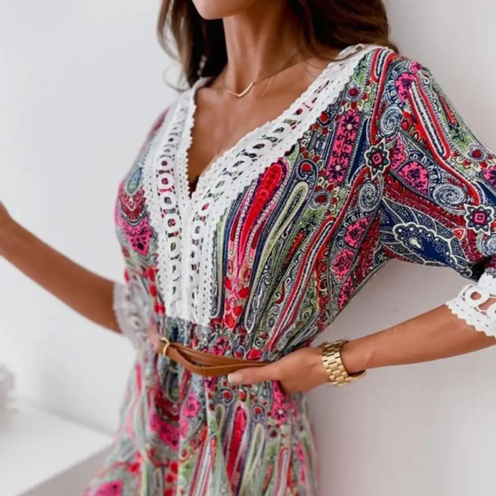 

Women Dress 2021 Lace Spliced Short Dress A Type Flower Printed Design Half Sleeve Short V-neck Dress for Dating