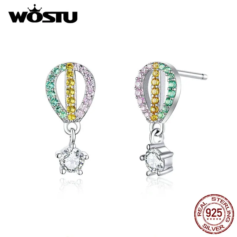 WOSTU Real 925 Sterling Silver Rainbow Air Balloon Stud Earrings For Women Stylish Zircon Small Romantic Jewelry FIE770 | Украшения и
