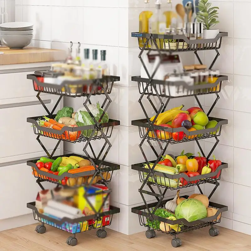 

Foldable Kitchen Plates Organizer Dish Spice Fruit and Vegetable Rack Movable Pantry Storage Containers Holder Metal Shelf