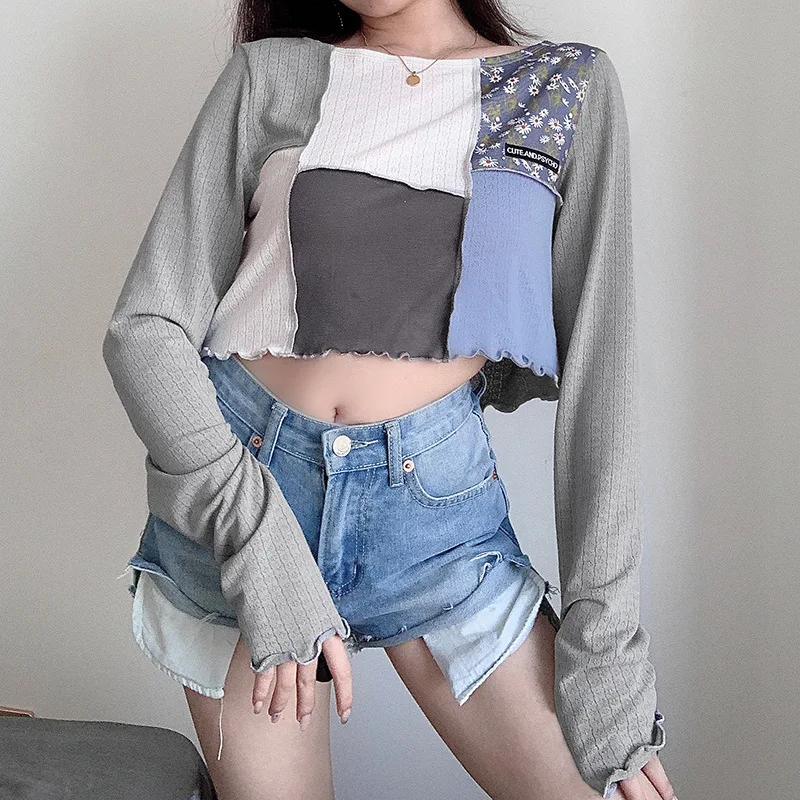 

Spring Autumn 2021 New Women's Long Sleeves Sexy Tops Crop Top Patchwork T Shirt Female Fashion Tshirt Clothes