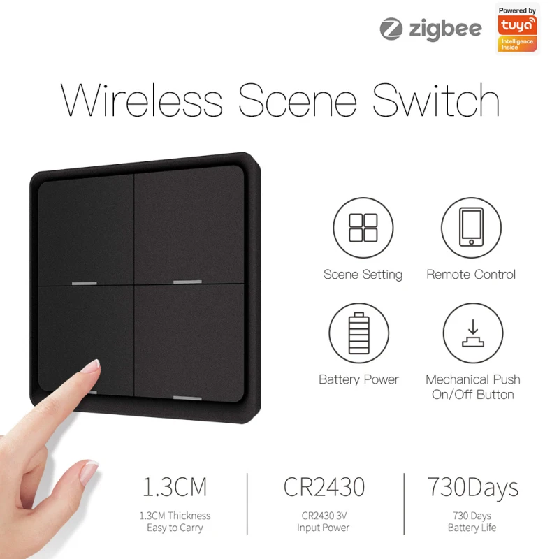 

Tuya Zigbee Scene Switch Wireless Light Switch 4 Gangs On Off Wall Push Button Compatible with Smartthing Smartlife