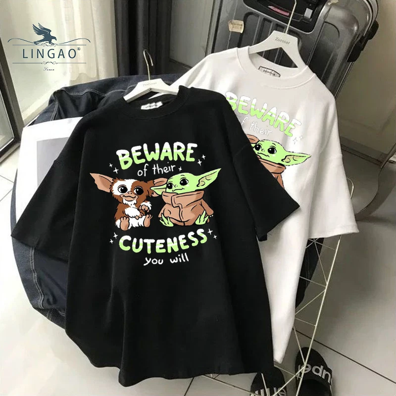 

2021 New Little Monster Black Cartoon Print T-shirt Summer Women's Short Sleeve Girl Pattern Top Casual Kawaii O-Neck T-Shirt