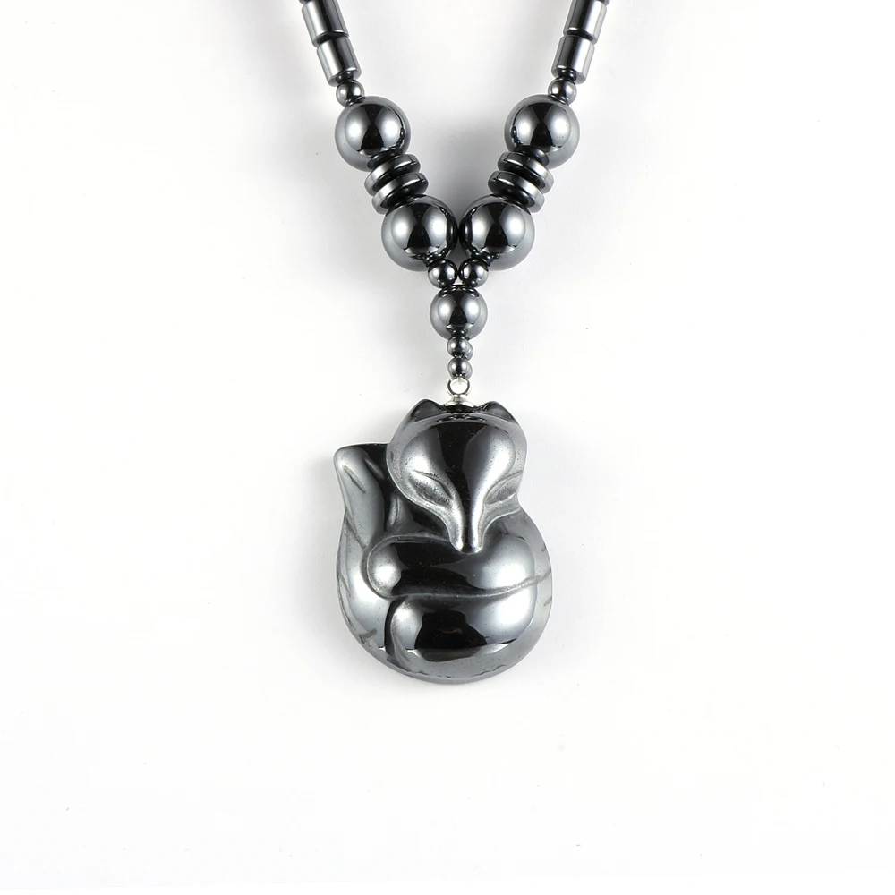 

Cute Animal Fox Pendant Necklace For Women Engery Black Hematite Beads 18" Choker Necklace Fashion Boho Natural Stone Jewelry