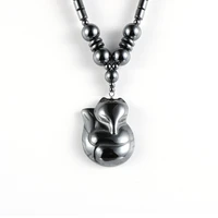 cute animal fox pendant necklace for women engery black hematite beads 18 choker necklace fashion boho natural stone jewelry