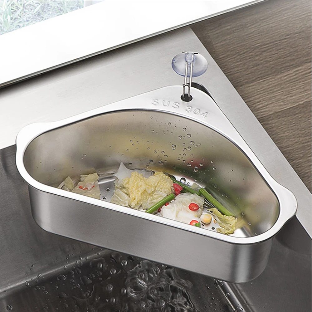 

Kitchen Storage Basket Stainless Steel Hanging Triangle Type Drainage Storage Rack Vegetable and Fruit Drain Sink Filter Tool
