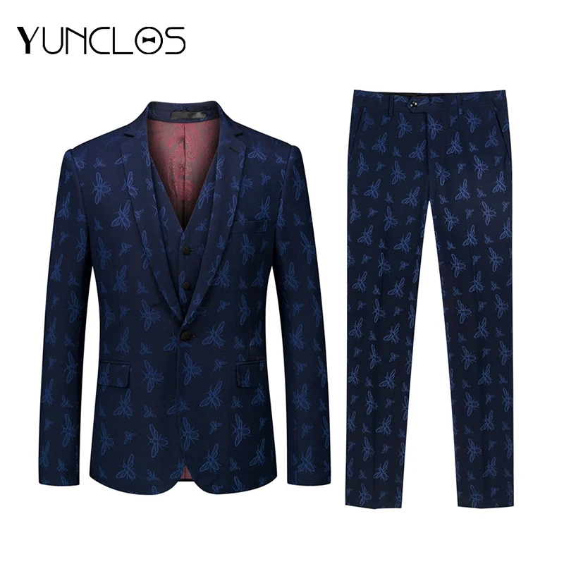 YUNCLOS Animal Dark Blue Men's Suit Slim Flat Collar Bee Suits Men Party Tuxedos Singer Stages Fast Delivery 2XL | Мужская одежда